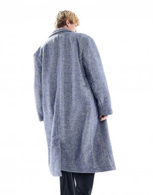 Синее шерстяное пальто с узором елочка ASOS. Цвет: синий
