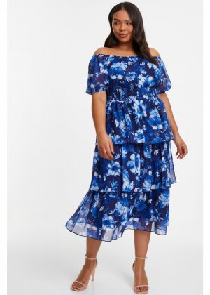 Синее шифоновое платье миди с открытыми плечами и цветочным принтом Curve Quiz