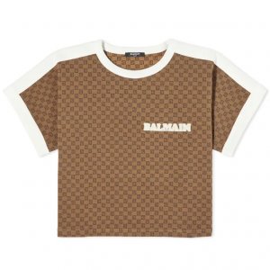 Mini укороченная футболка с монограммой, коричневый Balmain