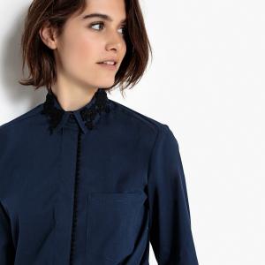 Блузка с длинными рукавами и вышивкой на вырезе планке застежки пуговицы LA REDOUTE COLLECTIONS. Цвет: синий морской
