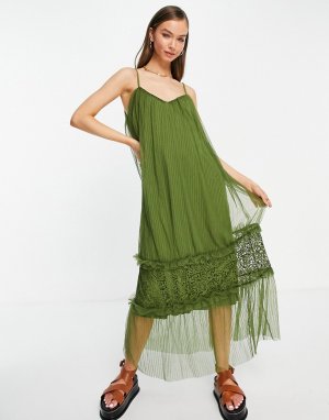 Платье макси цвета хаки на бретельках с ярусной юбкой из тюля -Зеленый цвет Vila