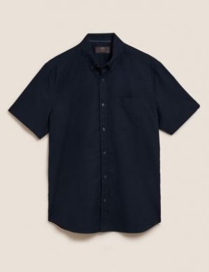 Хлопковая рубашка оксфорд с коротким рукавом, Marks&Spencer Marks & Spencer. Цвет: темно-синий