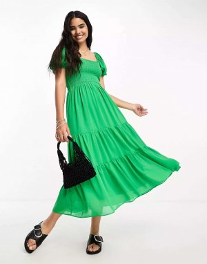Зеленое платье миди с объемными рукавами и присборенными Moon River