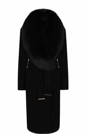 Шерстяное пальто с поясом и отделкой из меха лисы Roberto Cavalli. Цвет: черный