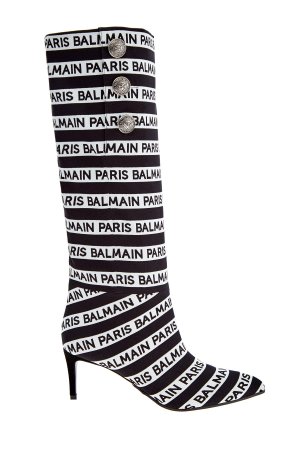 Сапоги из кожи с текстильной поверхностью и каблуком kitten-heel BALMAIN. Цвет: черно-белый