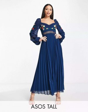 Темно-синее платье миди со складками и длинными рукавами, кружевными вставками вышивкой ASOS DESIGN Tall