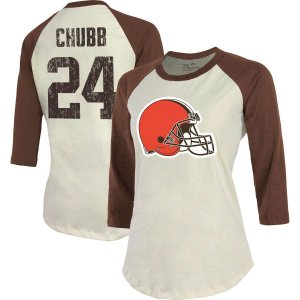 Женская футболка Threads Nick Chubb кремового/коричневого цвета Cleveland Browns с именем и номером игрока реглан рукавами 3/4 Majestic