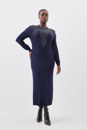 Трикотажное платье миди из смесовой вискозы больших размеров с украшением , темно-синий Karen Millen