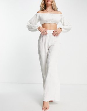 Нейтральные пляжные брюки из кисеи с широкими штанинами -Белый ASOS DESIGN