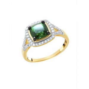 Перстень, серебро, 925 проба, изумруд синтетический, фианит, размер 18.5, золотой, зеленый VALTERA. Цвет: золотистый/зеленый/золотой
