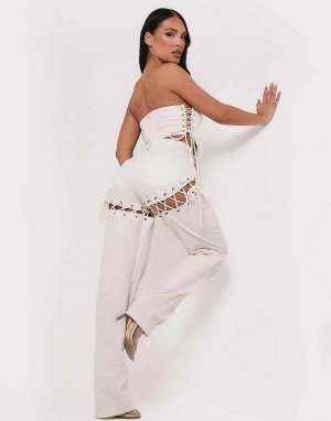 Прямые джинсы кремового цвета со шнуровкой от комплекта Missy Empire x Aaliyah Ceilia-Белый Missyempire