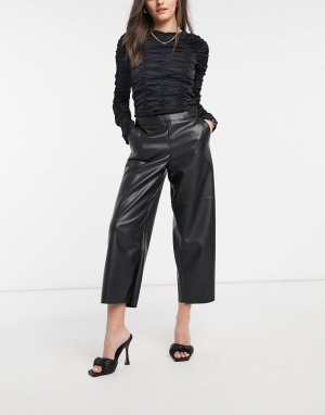 Черные укороченные брюки из искусственной кожи -Черный цвет Vila