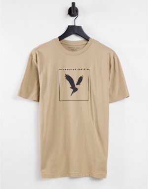 Светло-коричневая футболка с прямоугольным принтом в виде логотипа-орла центре -Коричневый цвет American Eagle