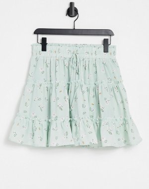 Ярусная свободная мини-юбка мятного цвета с поясом и цветочным принтом (от комплекта) -Multi Love Triangle