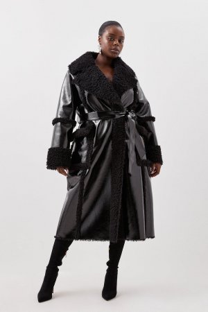 Виниловое длинное пальто с контрастными манжетами и воротником больших размеров, поясом , черный Karen Millen