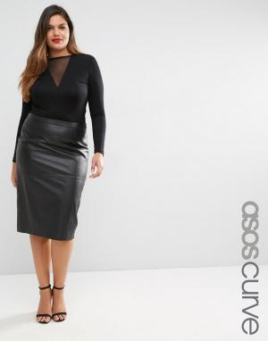 Кожаная юбка-карандаш ASOS CURVE Premium. Цвет: черный
