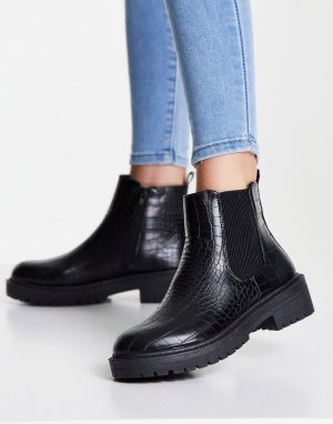 Черные ботинки-челси из искусственной кожи под крокодила на плоской толстой подошве -Черный цвет New Look