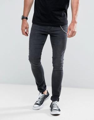 Черные выбеленные супероблегающие джинсы с цепочкой Hoxton Denim. Цвет: черный