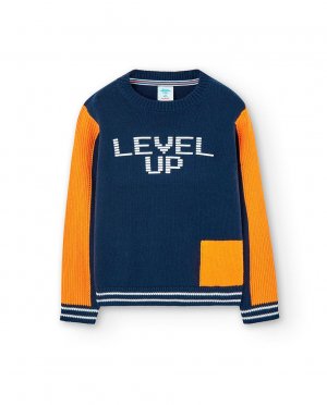 Трехцветный свитер для мальчика с круглым вырезом , темно-синий Boboli