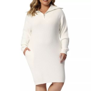 Платье-свитер больших размеров для женщин, вязаный пуловер с длинным рукавом и воротником-молнией, короткие платья-свитера , белый Agnes Orinda