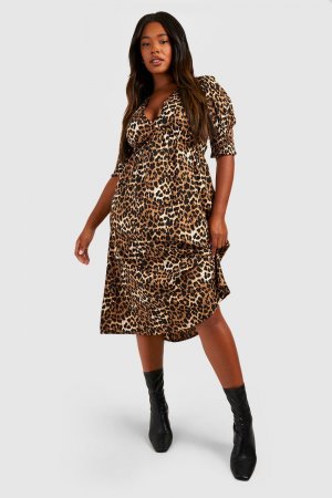 Платье миди Plus с леопардовым принтом и манжетами boohoo, коричневый Boohoo
