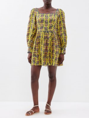 Льняное платье anna с квадратным вырезом и абстрактным принтом , желтый Muzungu Sisters