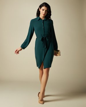 Женское платье-рубашка с длинными рукавами , зеленый Iwie