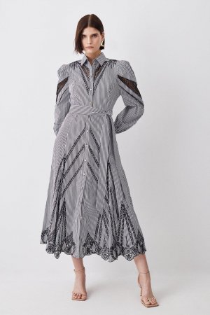 Полосатое хлопковое платье-рубашка миди с ажурной вышивкой , мультиколор Karen Millen