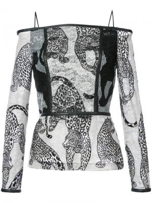 Блузка с открытыми плечами и вышитыми леопардами Yigal Azrouel. Цвет: чёрный