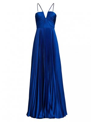 Атласное плиссированное платье цвета индиго Ml Monique Lhuillier, синий Lhuillier