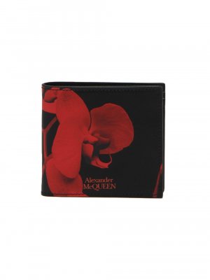 Кожаный бумажник в два сложения с цветочным принтом , черный Alexander McQueen