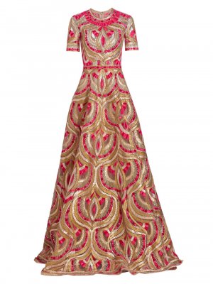 Вышитое платье с короткими рукавами , розовый Naeem Khan