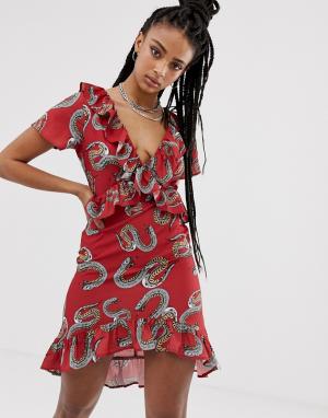 Чайное платье с оборками и змеиным принтом -Красный Sacred Hawk