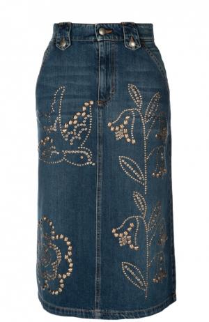 Джинсовая юбка-миди с карманами и заклепками REDVALENTINO. Цвет: синий