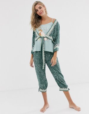 Пижамный комплект с брюками капри и халатом Womensecret-Зеленый Women'secret