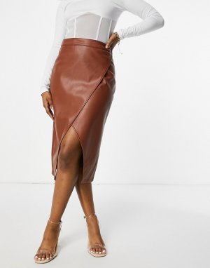 Светло-коричневая юбка миди с запахом -Коричневый цвет NA-KD
