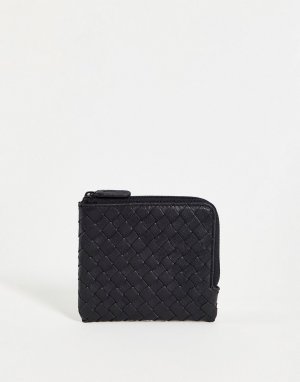 Черный кожаный бумажник на молнии с плетеной отделкой -Черный цвет ASOS DESIGN
