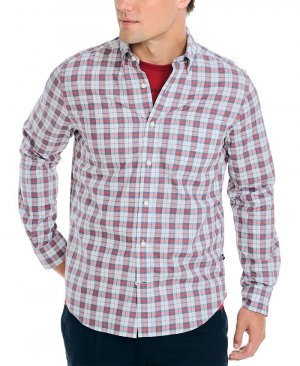 Мужская рубашка в клетку с длинными рукавами и пуговицами мелкую , красный Nautica