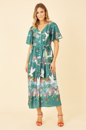 Атласное платье-рубашка с принтом журавля , зеленый Yumi