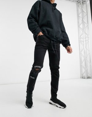 Черные джинсы скинни с вышивкой на колене -Черный The Couture Club