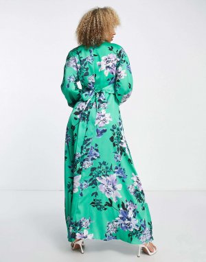 Платье макси из ликерного атласа с запахом и длинными рукавами зеленого цвета цветочным принтом Liquorish