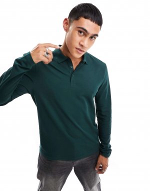 Зеленая рубашка-поло из элегантного пике с длинными рукавами ASOS