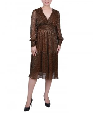 Миниатюрное плиссированное сетчатое платье с длинными рукавами NY Collection, коричневый Collection