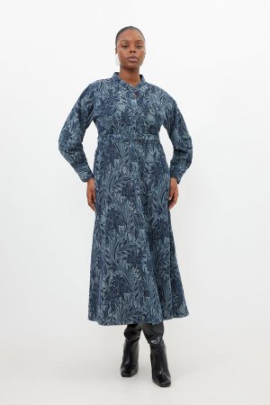 Джинсовое жаккардовое тканое платье миди больших размеров с цветочным принтом , синий Karen Millen