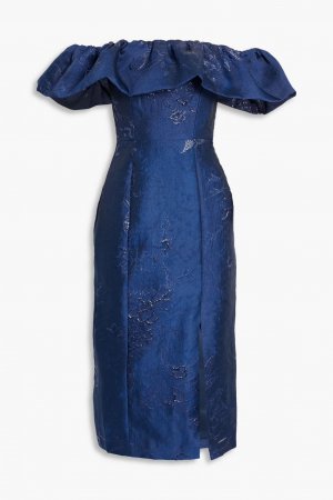 Платье миди фил-купе с открытыми плечами и эффектом металлик Ml Monique Lhuillier, темно-синий Lhuillier