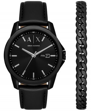 Комплект мужских черных кварцевых кожаных часов с тремя стрелками и черным браслетом из нержавеющей стали Armani Exchange
