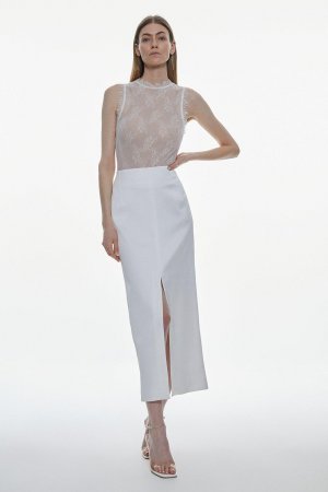 Атласная прямая юбка макси с заниженной талией , белый Karen Millen