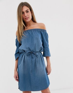 Джинсовое платье мини с открытыми плечами -Синий JDY