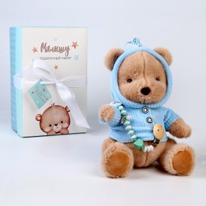 Подарочный набор мягкая игрушка медвежонок + держатель для соски , голубой Крошка Я