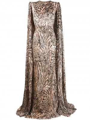 Длинное платье с кейпом и леопардовым принтом Alex Perry. Цвет: нейтральные цвета